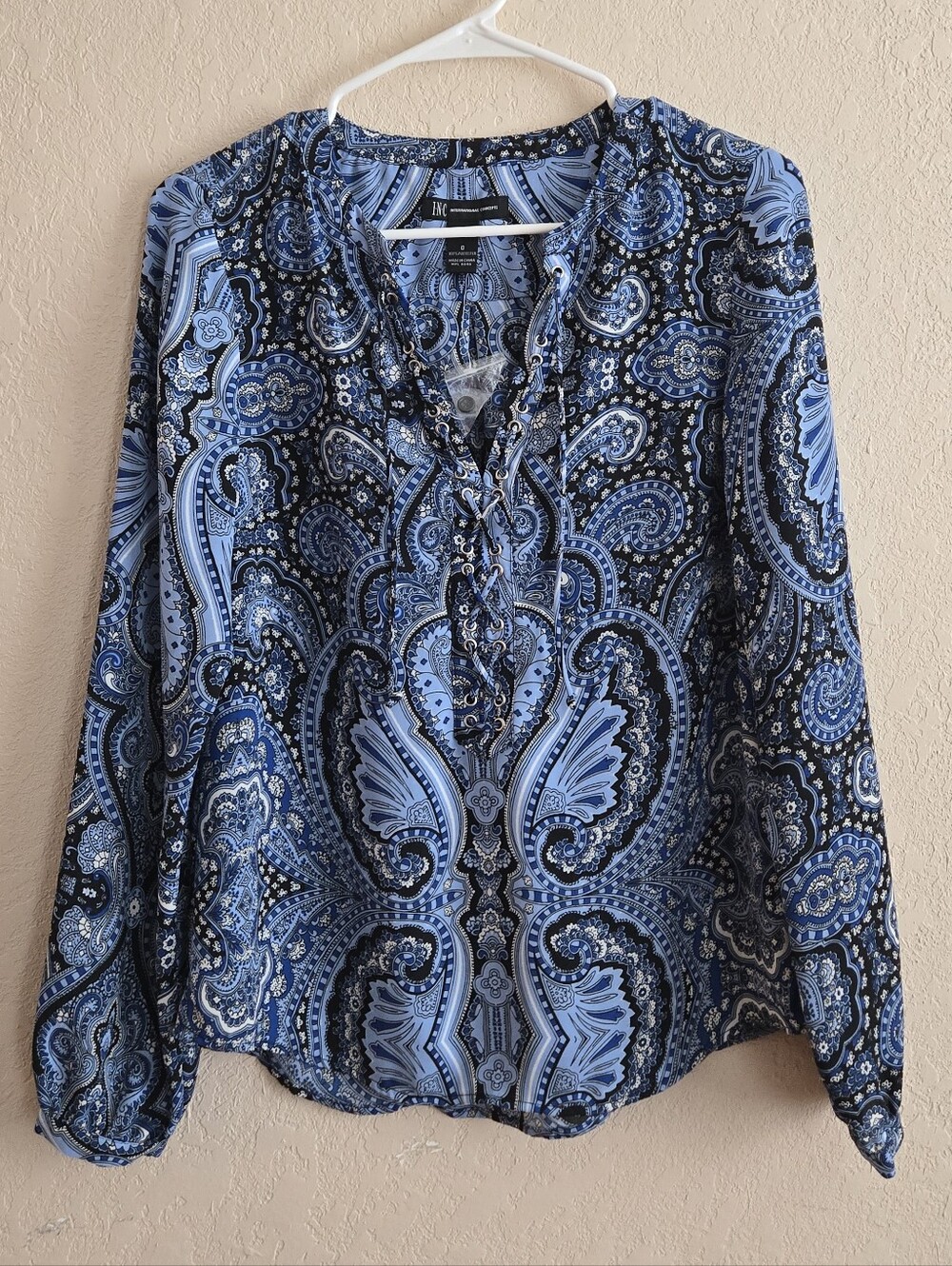 INC International Concepts Blue Paisley Lace-Up Peasant Blouse